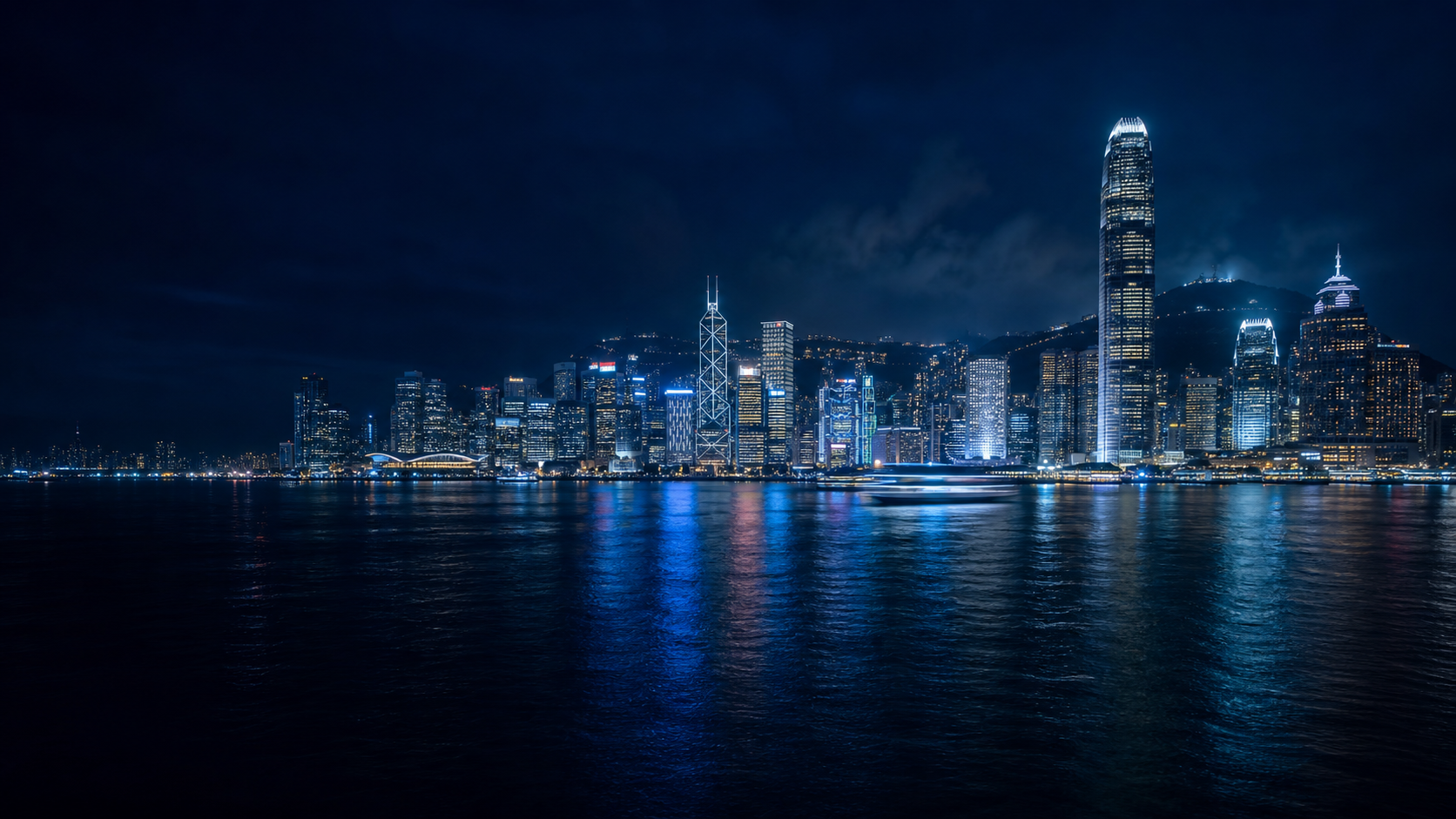 Victoria Harbour Hong Kong at midnight
