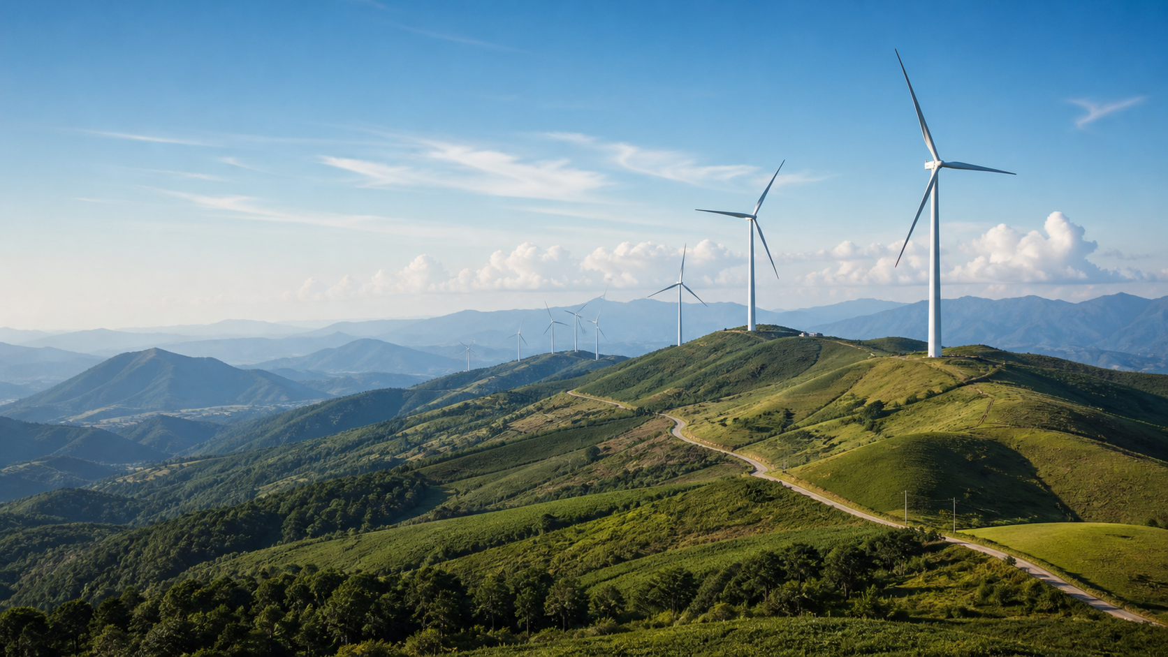 Wind turbines across green hills